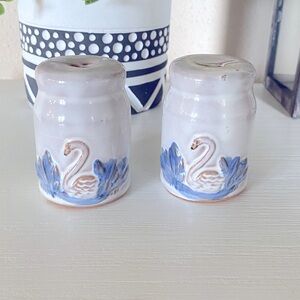 Vintage Blue Swan Salt & Pepper Shaker Pottery w/ Milk Glaze 2 3/4" Tall